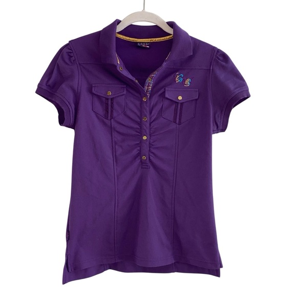 COOGI Women's Y2K Purple Short Sleeve Shirt Rainbow Bling Button Snaps VTG L - Picture 1 of 10